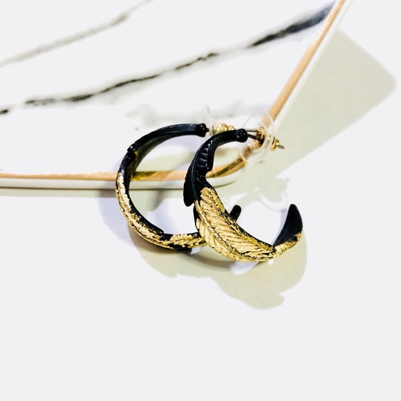 ORNAMENTAL STONE Jewelry - SADIE BLACK HOOP FEATHER W/ GOLD METALLIC EARRINGS